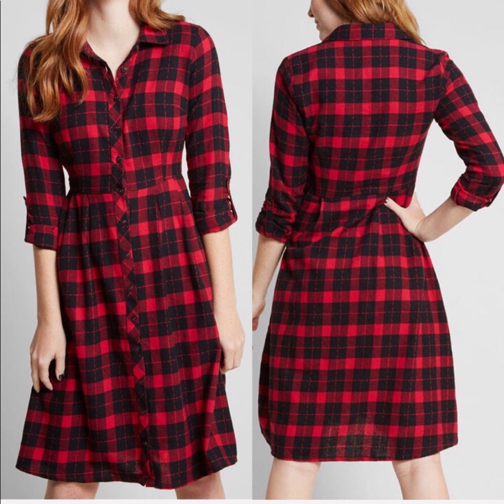 Modcloth Red and Black Plaid Midi Dress